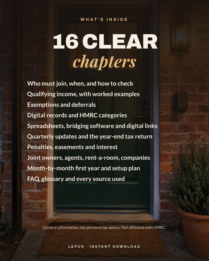 May include: A digital document cover featuring the text WHAT'S INSIDE 16 CLEAR chapters followed by a list of tax-related topics including qualifying income, digital records, HMRC categories, and tax return procedures, set against a dark green door.