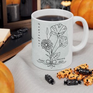 Birth Flower Ceramic Mug September  Line Art Coffee Mugs Collection Set Personalised Gift Floral Design 11oz 15oz