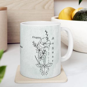 Birth Flower Ceramic Mug August  Line Art Coffee Mugs Collection Set Personalised Gift Floral Design 11oz 15oz