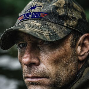 May include: Camouflage baseball cap with the text "TOP DAD" in red and blue. The cap is wet with water droplets. The image is a close-up of a person wearing the cap.