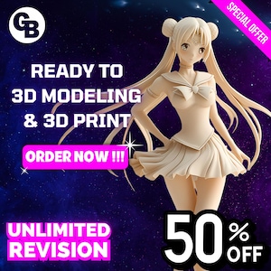 Peut inclure: Une figurine de style anime beige avec des cheveux longs en chignons, un col marin et une jupe plissée. L'image contient le texte : READY TO 3D MODELING & 3D PRINT, ORDER NOW !!!, UNLIMITED REVISION, 50% OFF, et un logo GB sur fond bleu foncé.