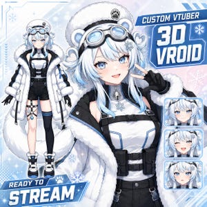 May include: A custom 3D Vroid VTuber character model featuring light blue hair, a white fur-lined parka, black shorts, and tactical gear. The character wears goggles, a bell collar, and snowflake accessories. Text includes CUSTOM VTUBER 3D VROID and READY TO STREAM.