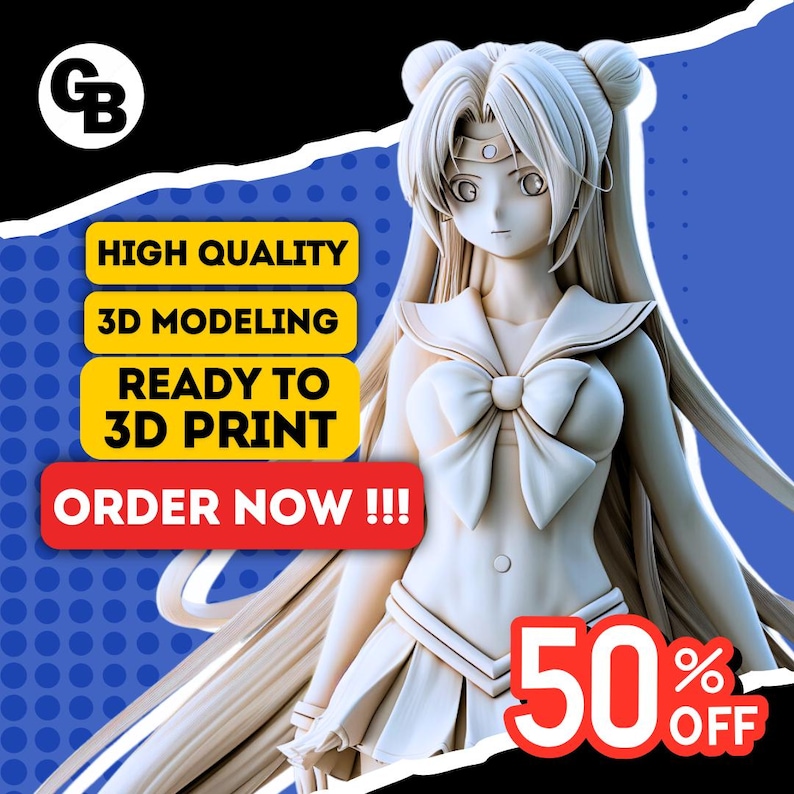 3D printing STL file advertisement featuring a detailed anime character model. Text highlights include high-quality modeling, ready-to-print status, and a limited-time 50% discount.