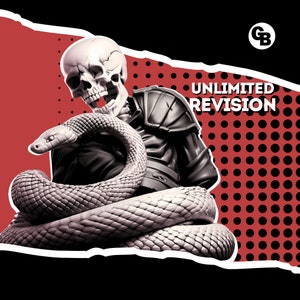 May include: A white skeletal figure with a snake wrapped around it. The snake is gray and has scales. The background is red with black polka dots. The text "UNLIMITED REVISION" is in white letters on a black background.