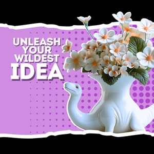 May include: A white ceramic dinosaur vase with a bouquet of white flowers. The vase is shaped like a dinosaur with a long neck and a tail. The flowers are arranged in the vase and are spilling out over the sides. The background is a purple polka dot pattern with the text "UNLEASH YOUR WILDEST IDEA" in white.
