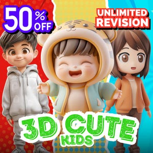 May include: Three 3D cartoon children, one wearing a blue and white tiger hooded jacket, one wearing a grey hooded jacket, and one wearing a brown jacket. The text "3D CUTE KIDS" is in green letters on a colorful background. The text "50% OFF" is in blue letters on a red background. The text "UNLIMITED REVISION" is in white letters on a blue background.
