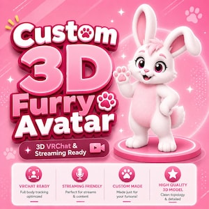 Może przedstawiać: Biało-różowy awatar królika 3D stojący na okrągłej platformie na różowym tle. Tekst głosi Custom 3D Furry Avatar, 3D VRChat & Streaming Ready, VRChat Ready, Streaming Friendly, Custom Made oraz High Quality 3D Model.