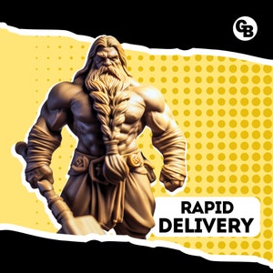 May include: A muscular, brown figurine of a bearded warrior holding a large axe. The figurine is standing on a yellow background with a white polka dot pattern. The text "RAPID DELIVERY" is in the lower right corner of the image.