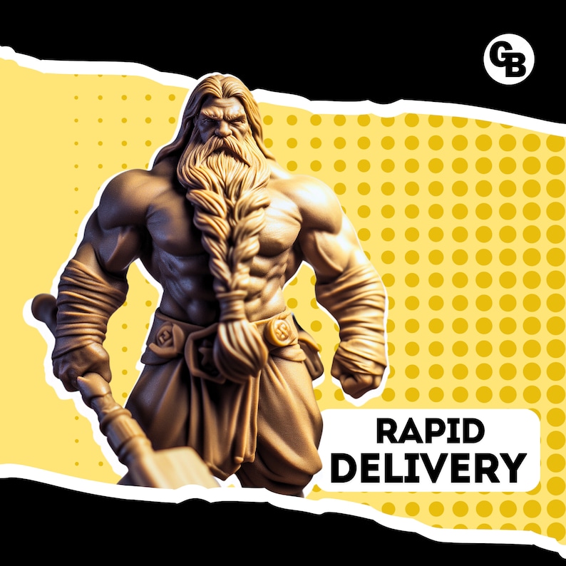 May include: A muscular, brown figurine of a bearded warrior holding a large axe. The figurine is standing on a yellow background with a white polka dot pattern. The text "RAPID DELIVERY" is in the lower right corner of the image.