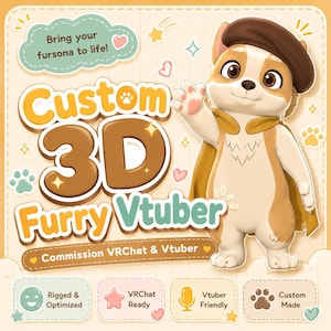 Könnte beinhalten: Werbebild für individuelle 3D Furry Vtuber-Aufträge. Das Bild zeigt einen Cartoon-Hund mit Barett und Umhang. Der Text enthält "Custom 3D Furry Vtuber" und "Bring your fursona to life!" sowie weitere Details.