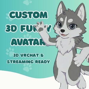 以下が含まれることがあります： 大きな青い目を持つ、グレーと白のオオカミのようなキャラクターのイラスト。テキスト「CUSTOM 3D FURRY AVATAR」と「3D VRCHAT & STREAMING READY」が、足跡のあるターコイズ色の背景に表示されています。