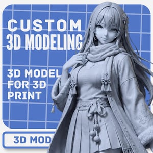 May include: A light blue 3D model figurine of a character with long hair, wearing a scarf, a jacket, and a pleated skirt. The image features the text CUSTOM 3D MODELING, 3D MODEL FOR 3D PRINT, and 3D MOD against a blue grid background.