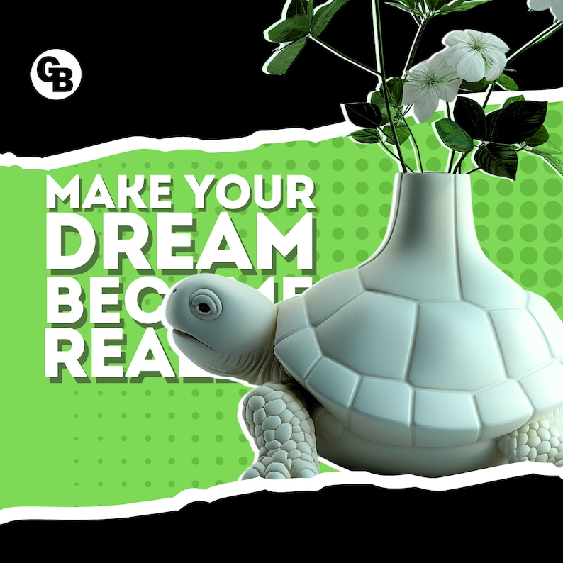 May include: White ceramic turtle vase with a green background and white text that reads "Make your dream become real". The vase is filled with white flowers and green leaves.