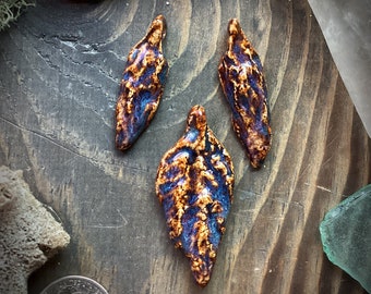 Ceramic bead set earring pendant drop art bead rustic leaf rock nature artisan green blue jewelry supply handmade component