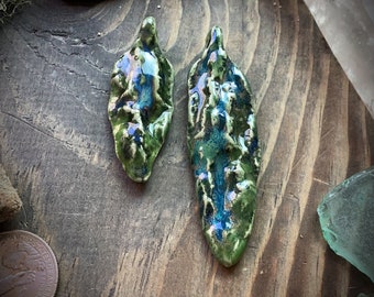 Ceramic asymmetrical earring pendant drop art bead green blue rustic handmade leaf rock nature organic jewelry supply handmade component