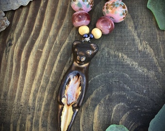 Art bead set bear ceramic focal pendant with wooden glazed and lampwork glass accent jewelry component handmade supply beading findings