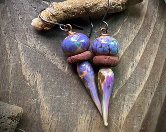 Earrings glass ceramic drop dangle  lampwork art glass sterling slilver hook purple pink gold desert inspired organic artisan jewelry