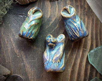 Art bead ceramic focal owl bear bell bead cap large hole totem talisman fetish handmade artisan jewelry supply focal accent