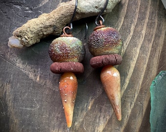 Earrings glass ceramic drop dangle lampwork art glass sterling silver hook earthy rustic asymmetrical desert organic artisan jewelry