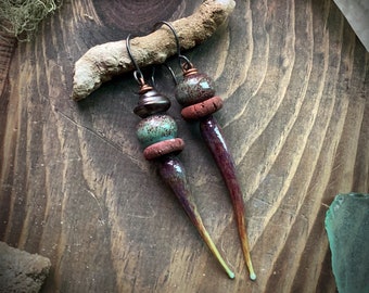 Earrings glass ceramic drop dangle lampwork art glass sterling silver hook earthy rustic asymmetrical desert organic artisan jewelry