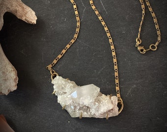 Crystal quartz necklace brass prong set handmade ice crystal micro needle point mineral natural curiosity on raw brass chain artisan pendant