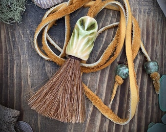 Owl totem necklace with handmade beads ceramic focal horse hair elk leather cord talisman amulet totem unique organic rustic art jewelry