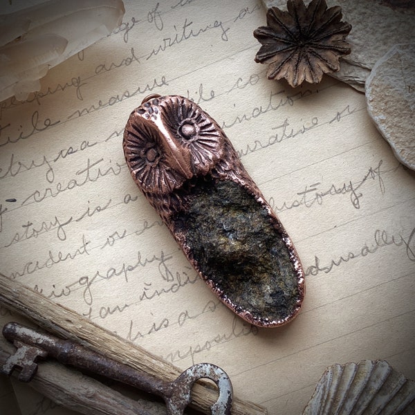 Owl and raw tourmaline druzy rustic spirit animal totem copper talisman amulet art bead focal hand sculpted pendant or necklace