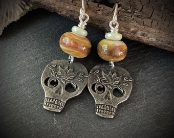 Skull dangle earrings glass goldstone lampwork sterling silver inviciti pewter charm unique autumn fall moon skull bohemian earrings