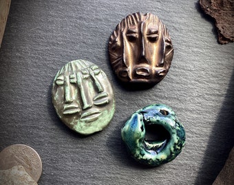 Fetish bead ceramic hand carved art bead focal pendant mask multi self id ego superego snake serpent animal totem handmade jewelry component