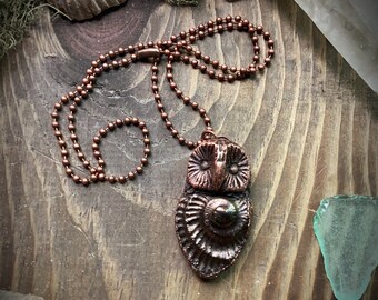 Owl and ceramic ammonite spiral heart infinity spirit animal totem copper electroformed pendant or necklace