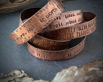 Quote bracelet in brass half inch inspiration quote hand formed hand stamped cuff bracelet