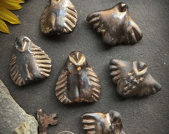Ceramic Owl or Eagle hand carved art bead focal pendant metallic copper autumn fall fetish bead unique jewelry supply animal spirit totem