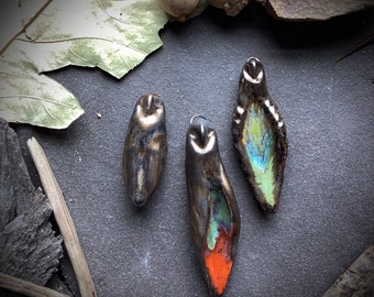 Owl pendant fetish ceramic hand carved art bead focal pendant handmade jewelry component supply gold owl autumn animal totem bird