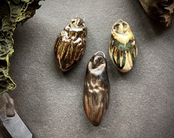 Owl pendant fetish ceramic hand carved art bead focal pendant handmade jewelry component supply gold owl autumn animal totem bird