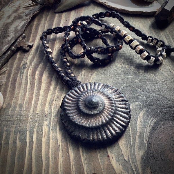 Spiral ammonite morse code necklace with glass beads ceramic focal hemp cord talisman amulet totem quote art bead macrame hemp linen jewelry