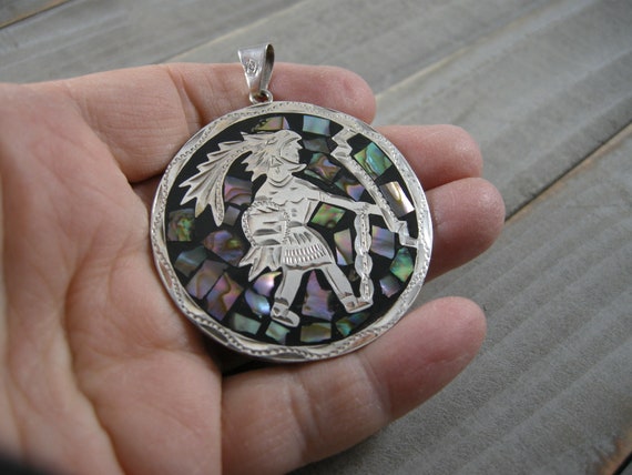 sterling silver two-sided large round Mexico pend… - image 9