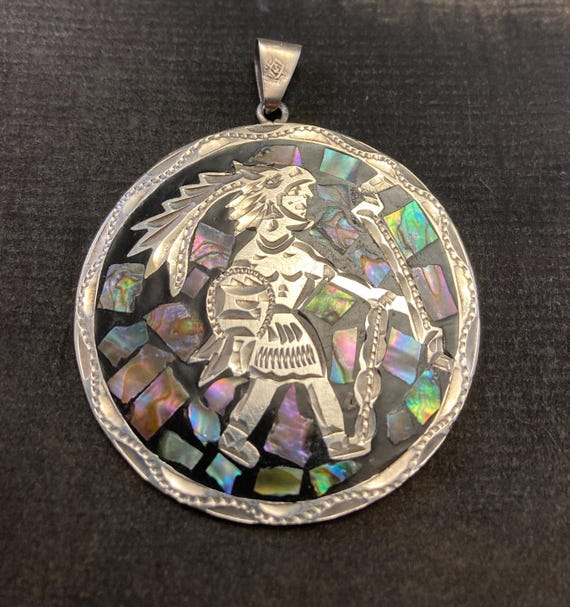 sterling silver two-sided large round Mexico pend… - image 1