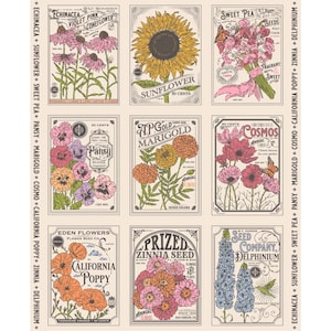 Pode incluir: Um painel de tecido com nove ilustrações de pacotes de sementes em estilo vintage. Os designs incluem Echinacea, Sunflower, Sweet Pea, Pansy, Marigold, Cosmos, California Poppy, Zinnia e Delphinium, com desenhos botânicos e etiquetas.
