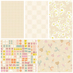 May include: A collection of six patterned fabric swatches. The patterns include small white dots, geometric shapes, white flowers, colorful icons, and scissors. The color palette is primarily beige, with accents of white, yellow, pink, and orange.