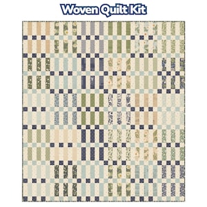 May include: A woven quilt kit featuring a patchwork design with vertical and horizontal stripes. The quilt incorporates various patterns in shades of blue, green, beige, and white. The text "Woven Quilt Kit" is at the top.