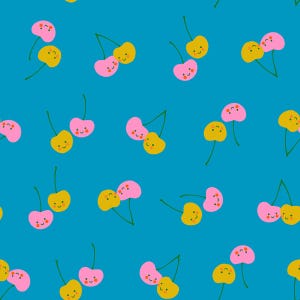 May include: A repeating pattern of cartoon cherries on a teal background. The cherries are in pairs, with one pink and one yellow cherry in each pair. Each cherry has a smiling face and a green stalk.