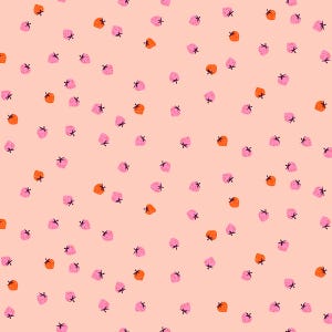 May include: A repeating pattern of pink and orange strawberries with black stems scattered on a light peach background. The strawberries are stylized with a simple, hand-drawn aesthetic, creating a playful and whimsical design.