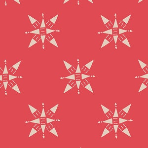 May include: A seamless pattern featuring white starburst shapes on a red background. The starbursts have a geometric design with a central circle and radiating lines.