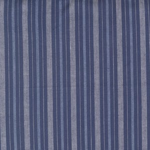 May include: A close-up of a fabric with vertical stripes in shades of blue and white. The stripes are evenly spaced, creating a classic, textured pattern. The fabric appears to be cotton or a similar material, suitable for clothing or home decor.