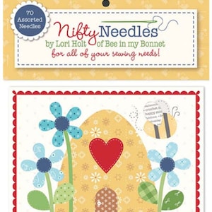 May include: A set of 70 assorted needles in a yellow package with a beehive design. The package says "Nifty Needles by Lori Holt of Bee in my Bonnet for all of your sewing needs!"