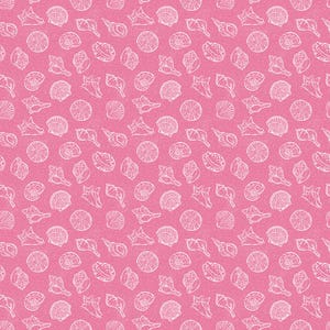 May include: Pink background with a repeating pattern of white seashell illustrations. The seashells vary in shape and size, creating a textured and visually engaging design. The pattern is suitable for fabric, wallpaper, or other decorative applications.