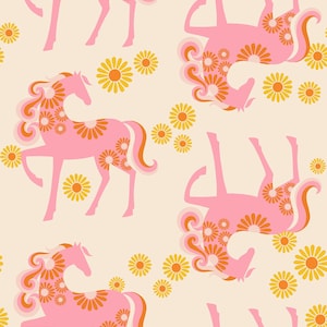 May include: A seamless pattern featuring pink horses with orange and white floral designs on a cream background. The horses are in various poses, including standing and lying down. The pattern is repeated throughout the design.