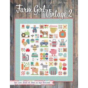 May include: A quilt pattern titled "Farm Girl Vintage 2" with a variety of farm-themed illustrations. The quilt features a light blue border and a wooden background. The illustrations include a tractor, rooster, pig, and other farm elements.
