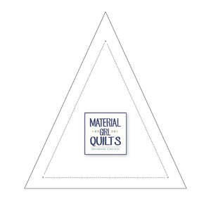 May include: A white triangle template with a dotted line border. The template has a square in the center with the text "MATERIAL GIRL QUILTS" and "Amanda Castor" in blue text.