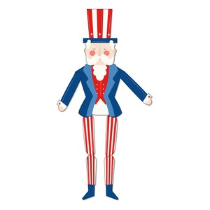 May include: A patriotic Uncle Sam figure with a tall red, white, and blue hat. He wears a blue jacket, red vest, and striped red and white pants. The figure is designed with a cartoonish style, perfect for Independence Day.